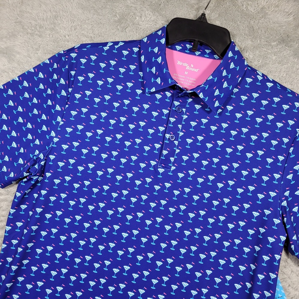 Birdie Bound Polo Shirt Mens Medium Blue Martini Glass Print Performance UPF 50+